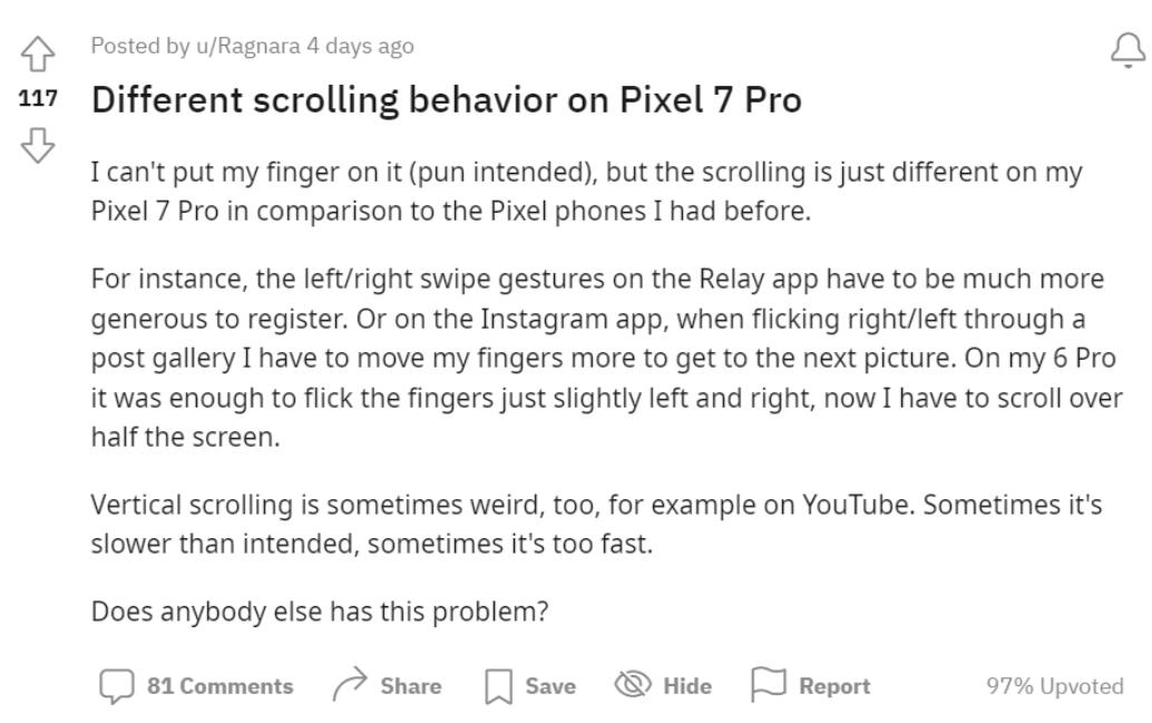 谷歌Pixel7Pro又出问题，客户调侃屏幕滑动不畅